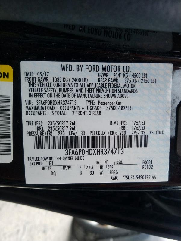 Photo 9 VIN: 3FA6P0HDXHR374713 - FORD FUSION SE 