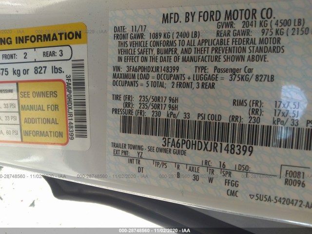 Photo 8 VIN: 3FA6P0HDXJR148399 - FORD FUSION 