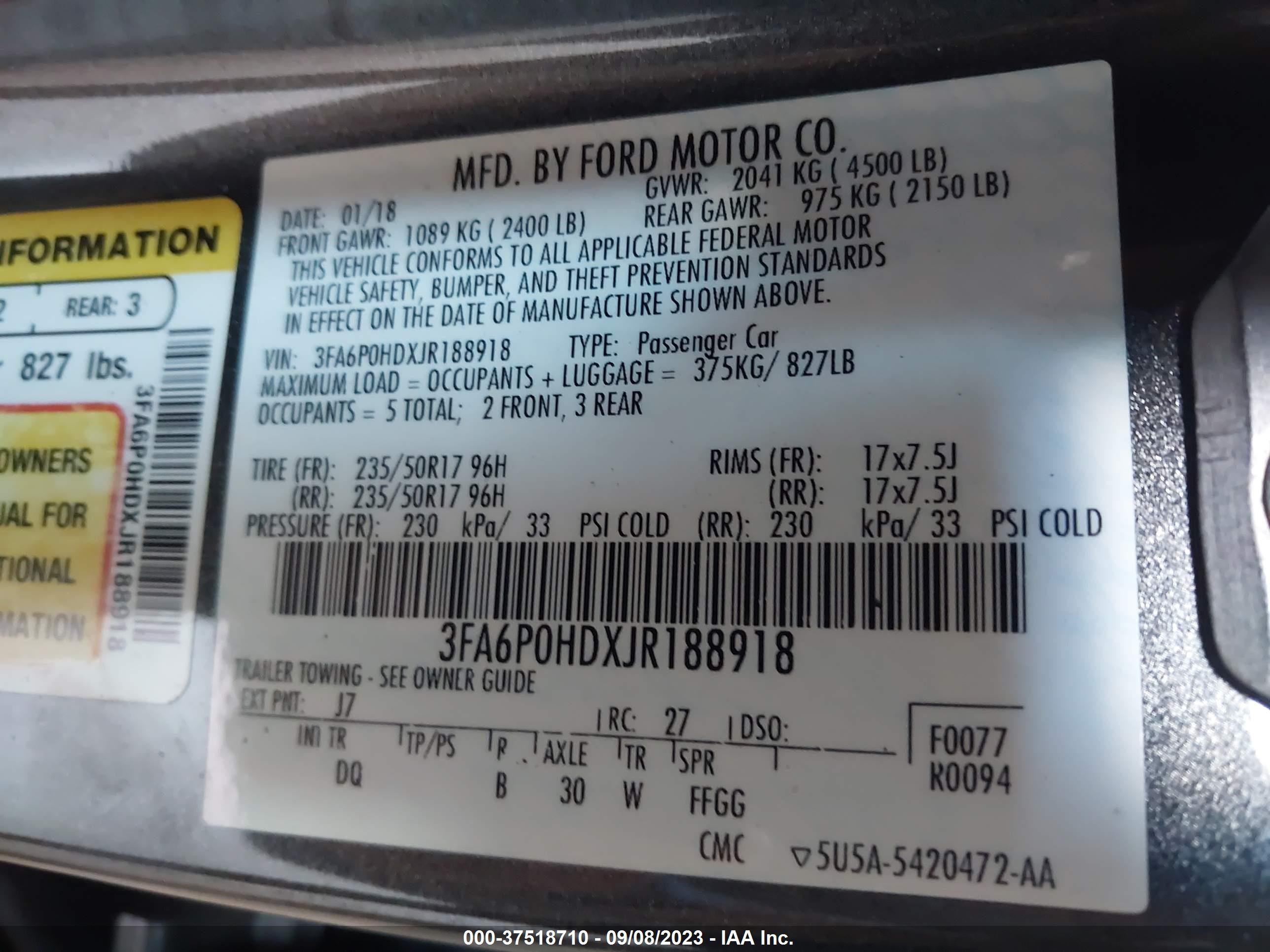 Photo 8 VIN: 3FA6P0HDXJR188918 - FORD FUSION 