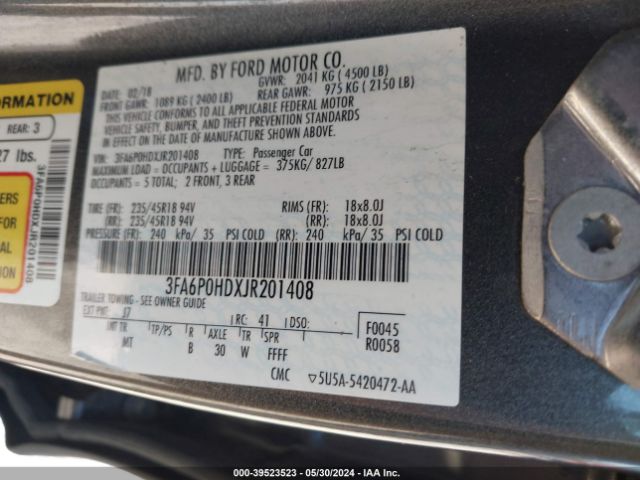 Photo 8 VIN: 3FA6P0HDXJR201408 - FORD FUSION 