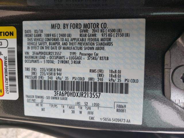 Photo 9 VIN: 3FA6P0HDXJR213557 - FORD FUSION SE 