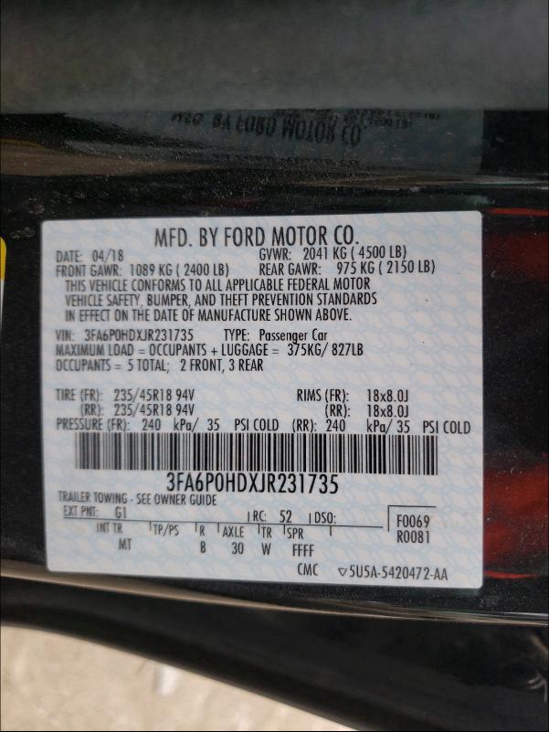 Photo 9 VIN: 3FA6P0HDXJR231735 - FORD FUSION SE 