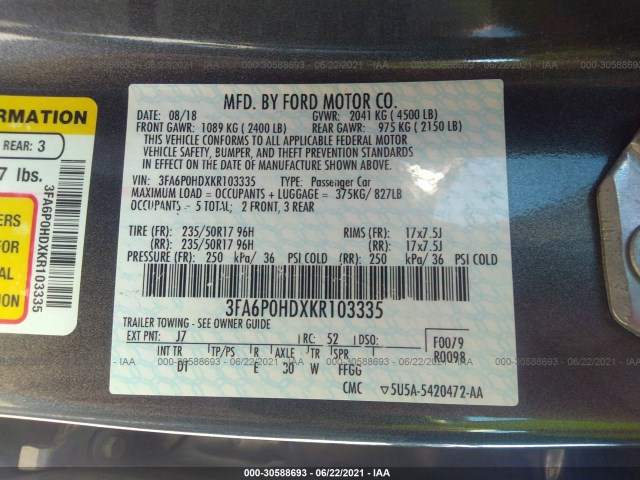 Photo 8 VIN: 3FA6P0HDXKR103335 - FORD FUSION 