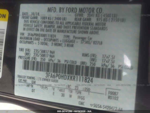 Photo 8 VIN: 3FA6P0HDXKR111824 - FORD FUSION 