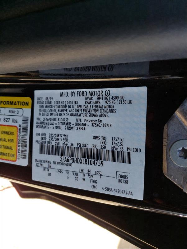 Photo 9 VIN: 3FA6P0HDXLR104759 - FORD FUSION SE 