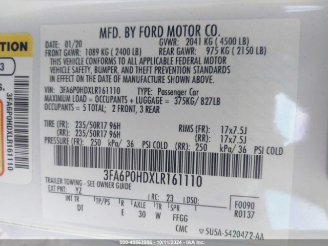 Photo 8 VIN: 3FA6P0HDXLR161110 - FORD FUSION 