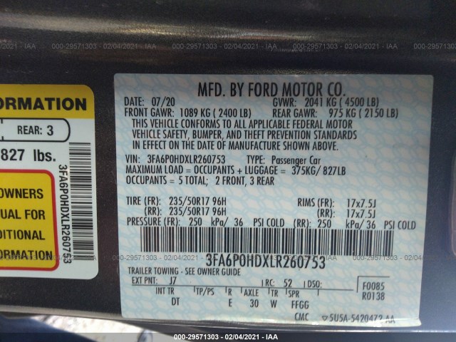 Photo 8 VIN: 3FA6P0HDXLR260753 - FORD FUSION 