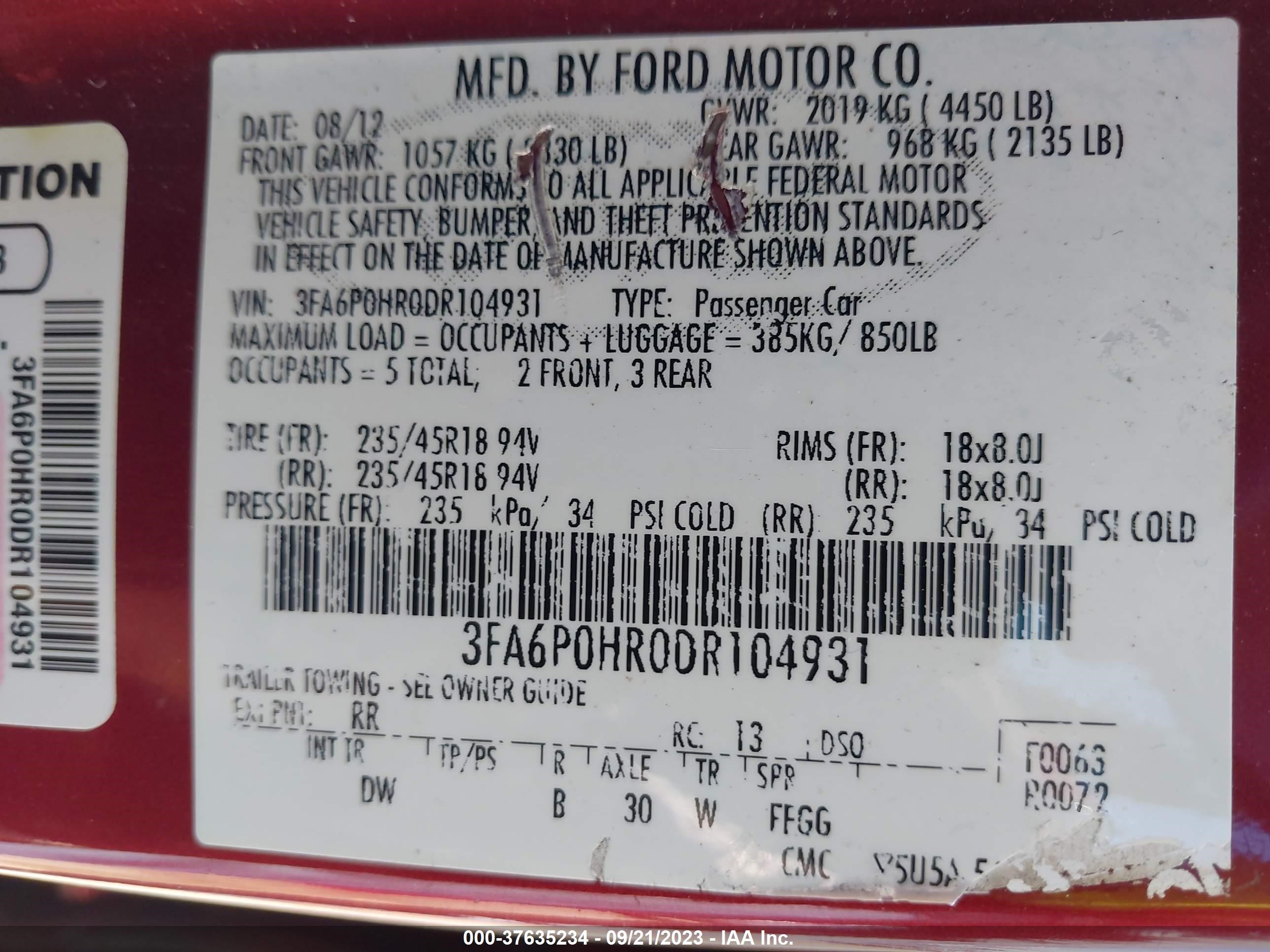 Photo 8 VIN: 3FA6P0HR0DR104931 - FORD FUSION 