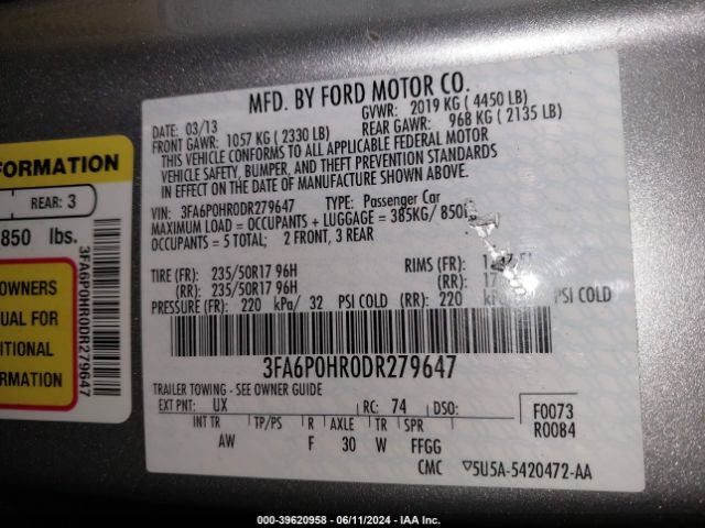 Photo 8 VIN: 3FA6P0HR0DR279647 - FORD FUSION 