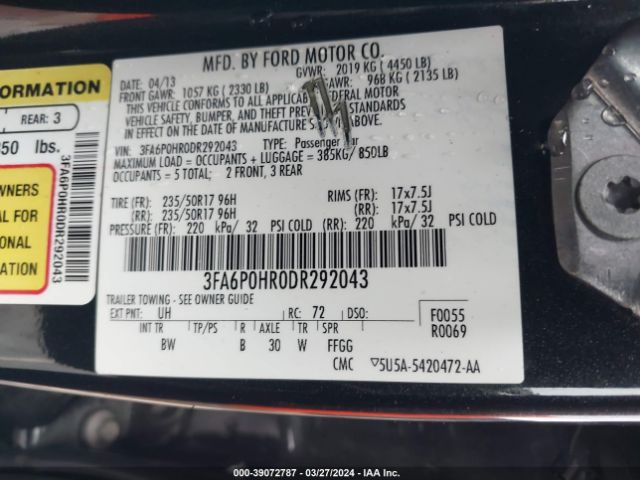 Photo 8 VIN: 3FA6P0HR0DR292043 - FORD FUSION 