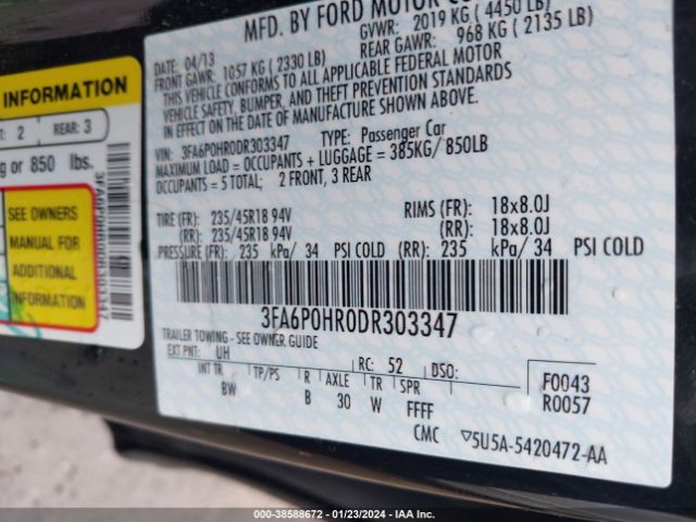 Photo 8 VIN: 3FA6P0HR0DR303347 - FORD FUSION 