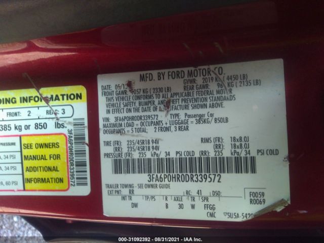 Photo 8 VIN: 3FA6P0HR0DR339572 - FORD FUSION 