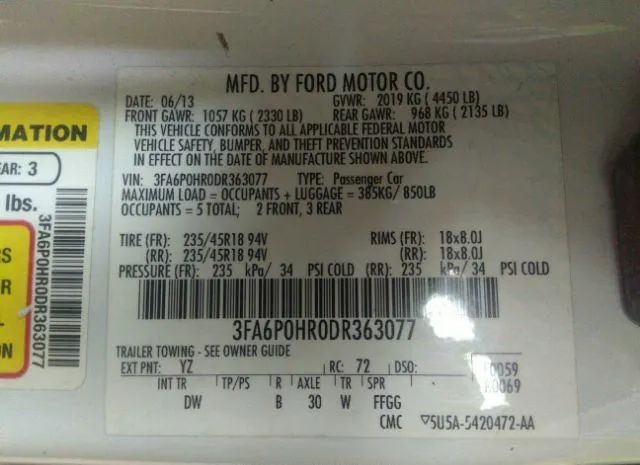 Photo 8 VIN: 3FA6P0HR0DR363077 - FORD FUSION 