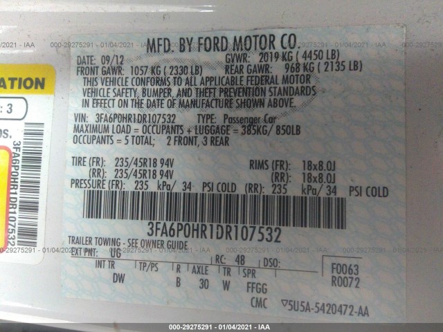 Photo 8 VIN: 3FA6P0HR1DR107532 - FORD FUSION 