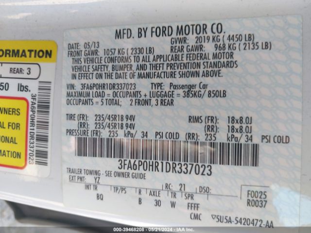 Photo 8 VIN: 3FA6P0HR1DR337023 - FORD FUSION 