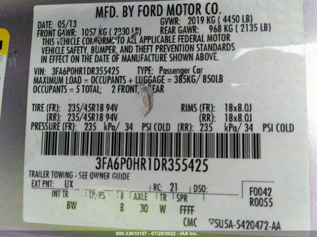 Photo 8 VIN: 3FA6P0HR1DR355425 - FORD FUSION 