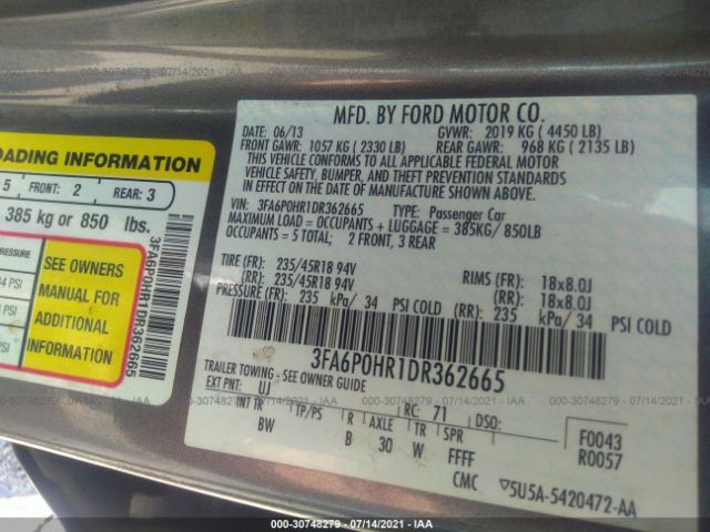 Photo 8 VIN: 3FA6P0HR1DR362665 - FORD FUSION 