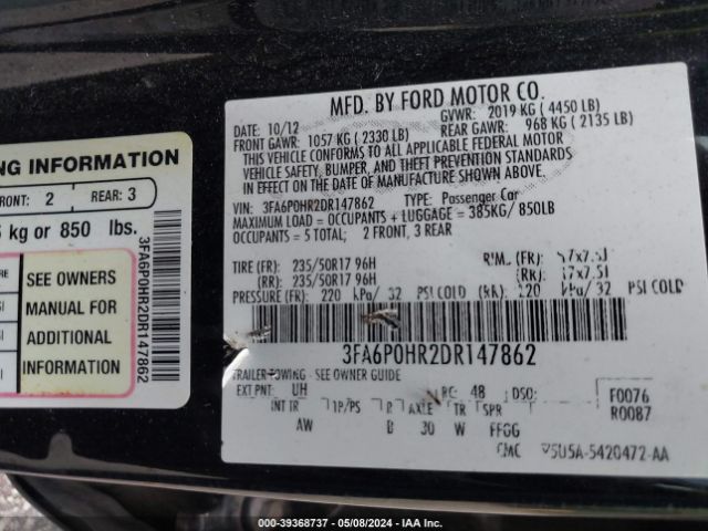 Photo 8 VIN: 3FA6P0HR2DR147862 - FORD FUSION 