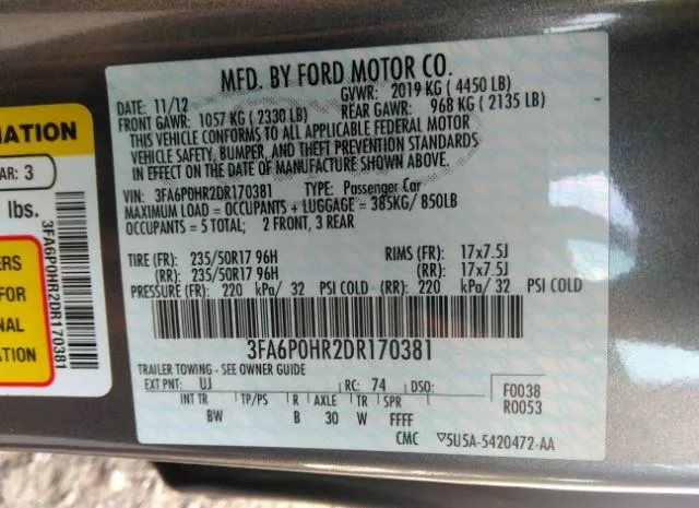 Photo 8 VIN: 3FA6P0HR2DR170381 - FORD FUSION 