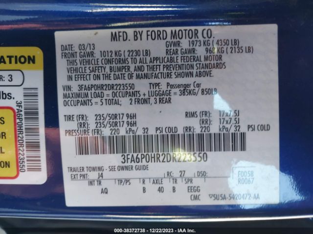 Photo 8 VIN: 3FA6P0HR2DR223550 - FORD FUSION 