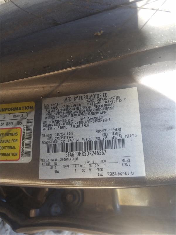 Photo 9 VIN: 3FA6P0HR2DR246567 - FORD FUSION SE 