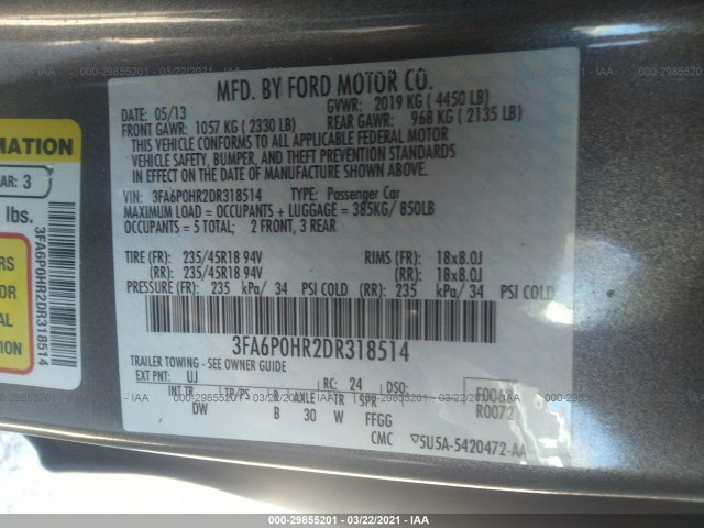 Photo 8 VIN: 3FA6P0HR2DR318514 - FORD FUSION 