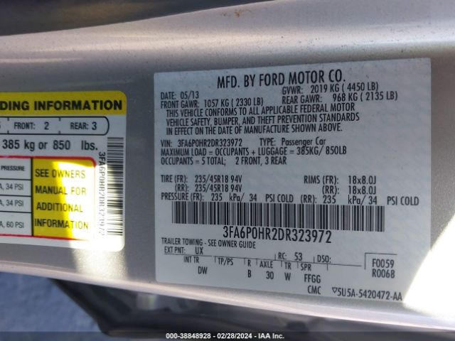 Photo 8 VIN: 3FA6P0HR2DR323972 - FORD FUSION 