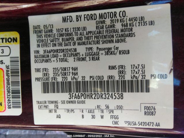 Photo 8 VIN: 3FA6P0HR2DR324538 - FORD FUSION 