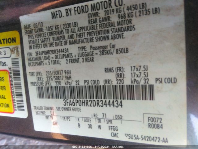 Photo 8 VIN: 3FA6P0HR2DR344434 - FORD FUSION 