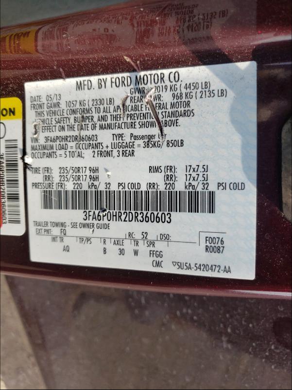 Photo 9 VIN: 3FA6P0HR2DR360603 - FORD FUSION SE 