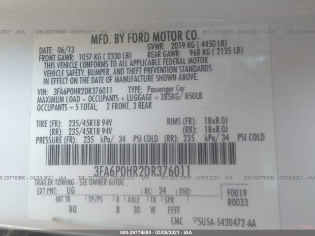 Photo 8 VIN: 3FA6P0HR2DR376011 - FORD FUSION 