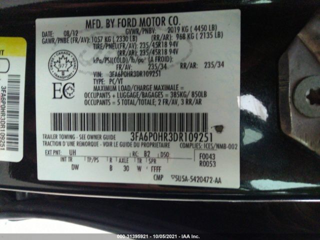 Photo 8 VIN: 3FA6P0HR3DR109251 - FORD FUSION 