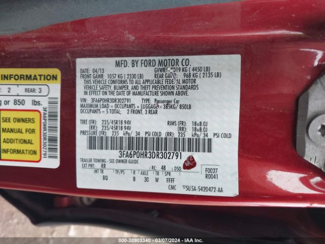 Photo 8 VIN: 3FA6P0HR3DR302791 - FORD FUSION 