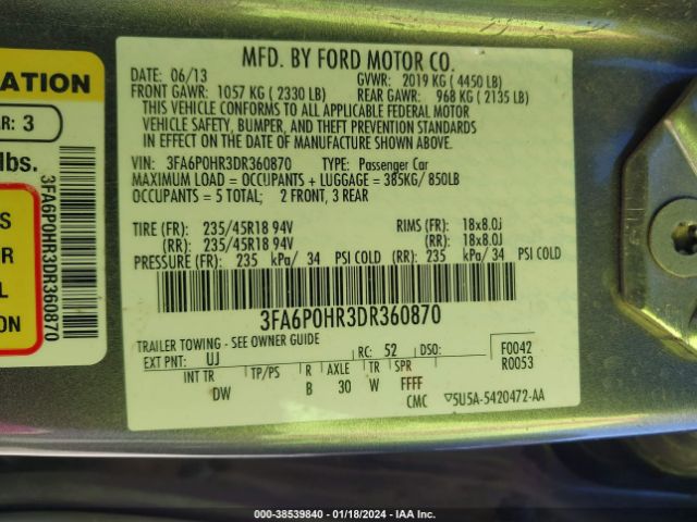 Photo 8 VIN: 3FA6P0HR3DR360870 - FORD FUSION 