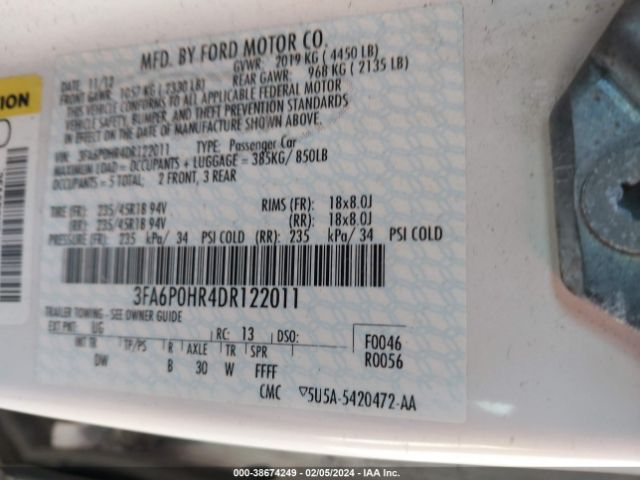 Photo 8 VIN: 3FA6P0HR4DR122011 - FORD FUSION 