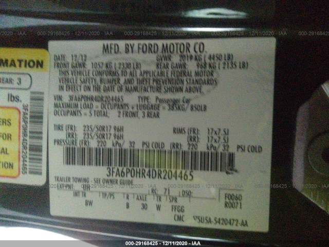 Photo 8 VIN: 3FA6P0HR4DR204465 - FORD FUSION 