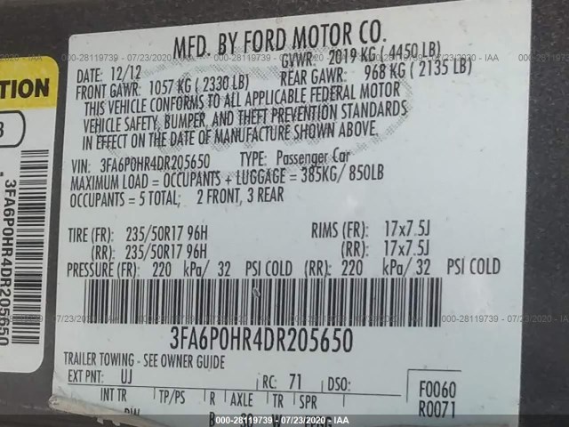 Photo 8 VIN: 3FA6P0HR4DR205650 - FORD FUSION 