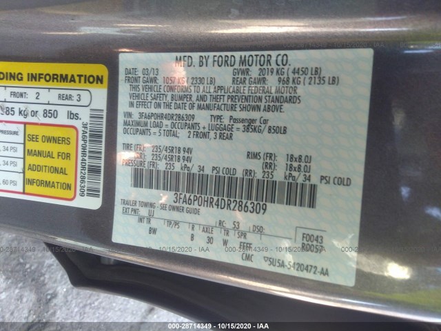 Photo 8 VIN: 3FA6P0HR4DR286309 - FORD FUSION 