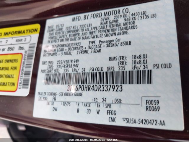 Photo 8 VIN: 3FA6P0HR4DR337923 - FORD FUSION 