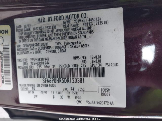 Photo 8 VIN: 3FA6P0HR5DR120381 - FORD FUSION 