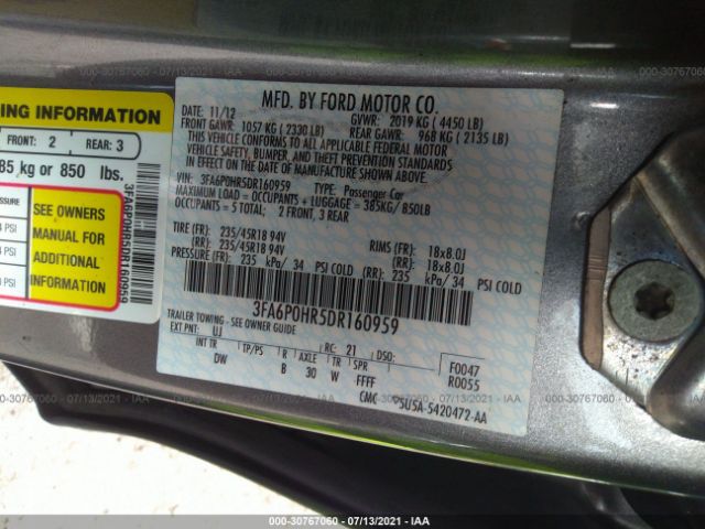 Photo 8 VIN: 3FA6P0HR5DR160959 - FORD FUSION 