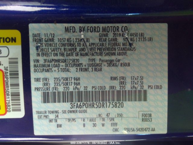 Photo 8 VIN: 3FA6P0HR5DR175820 - FORD FUSION 