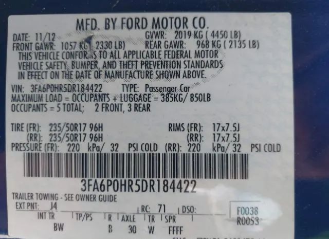 Photo 8 VIN: 3FA6P0HR5DR184422 - FORD FUSION 