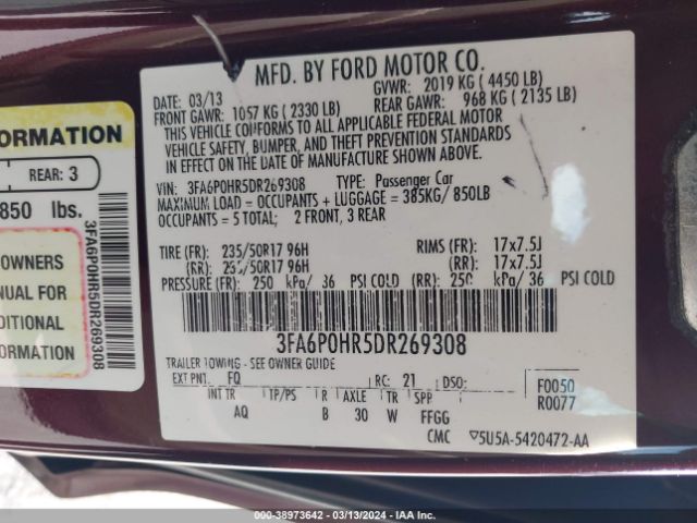 Photo 8 VIN: 3FA6P0HR5DR269308 - FORD FUSION 