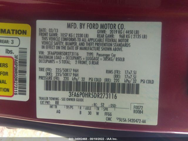 Photo 8 VIN: 3FA6P0HR5DR273116 - FORD FUSION 