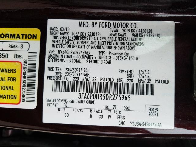 Photo 9 VIN: 3FA6P0HR5DR275965 - FORD FUSION SE 