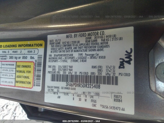 Photo 8 VIN: 3FA6P0HR5DR325408 - FORD FUSION 