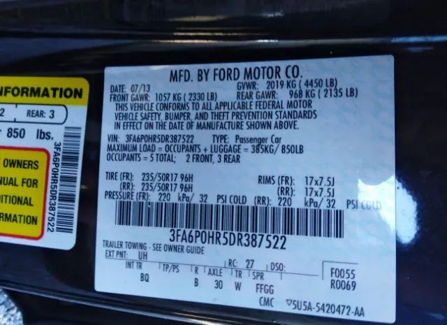 Photo 8 VIN: 3FA6P0HR5DR387522 - FORD FUSION 