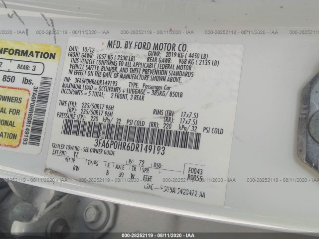 Photo 8 VIN: 3FA6P0HR6DR149193 - FORD FUSION 