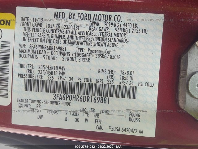 Photo 8 VIN: 3FA6P0HR6DR169881 - FORD FUSION 